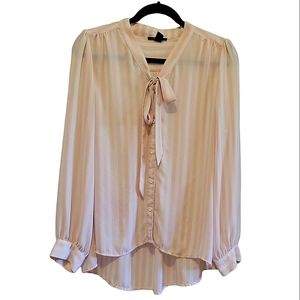 FOREVER 21 Pussy Bow Blouse Baby Pink and White Candy Stripe Hi Low Cut Long